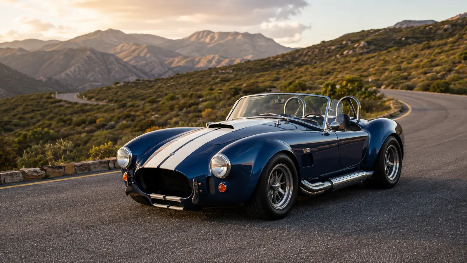 Blue Cobra-style V8 roadster replica on a South African mountain road