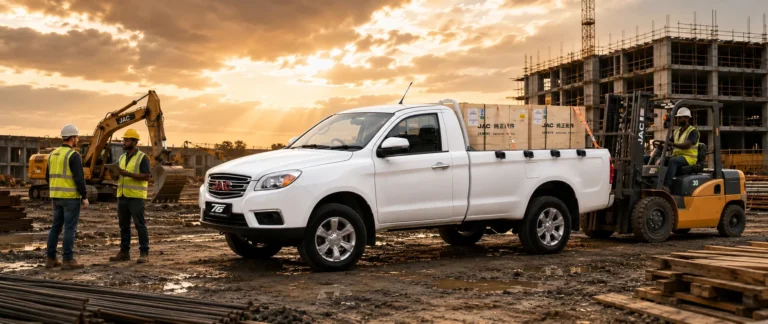 White JAC T6 Single Cab working at a construction site in South Africa