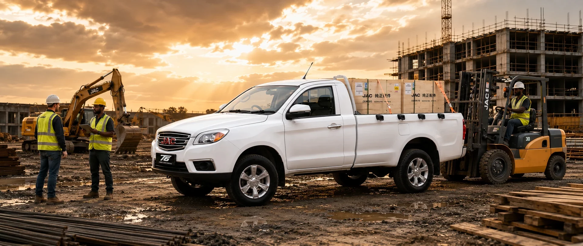 White JAC T6 Single Cab working at a construction site in South Africa