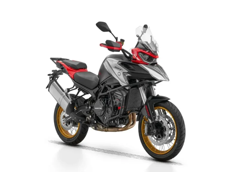 Red, silver and black QJMOTOR SRT 900 SX adventure motorcycle