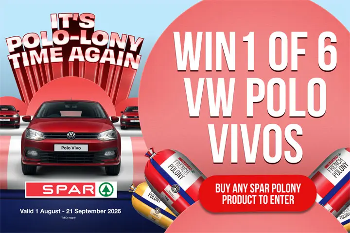 Official SPAR Polony competition artwork showing six Volkswagen Polo Vivo prizes